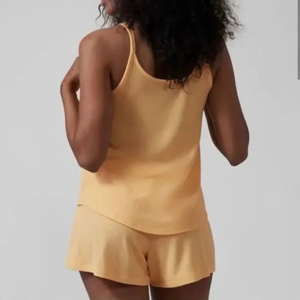 ATHLETA Waffle Knit Wind Down Sleep Tank Top Size Medium Yellow Canary Cami NEW - Picture 2 of 3